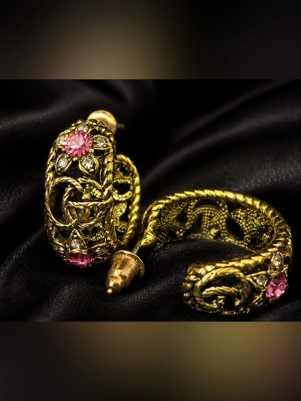 Gold GG Logo Hoop Earrings with Pink Crystal Flower Accents